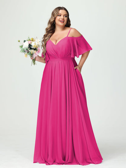 Forme Princesse Bretelles spaghetti Demi manches Mousseline Grande taille Robes de demoiselle d'honneur avec poches