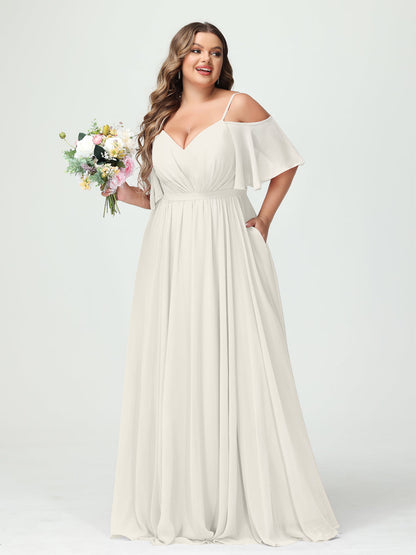 Forme Princesse Bretelles spaghetti Demi manches Mousseline Grande taille Robes de demoiselle d'honneur avec poches