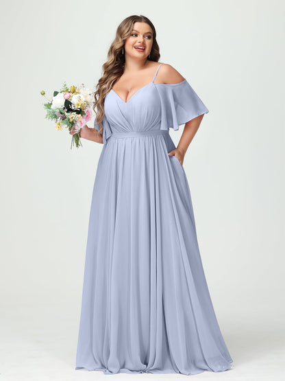 Forme Princesse Bretelles spaghetti Demi manches Mousseline Grande taille Robes de demoiselle d'honneur avec poches