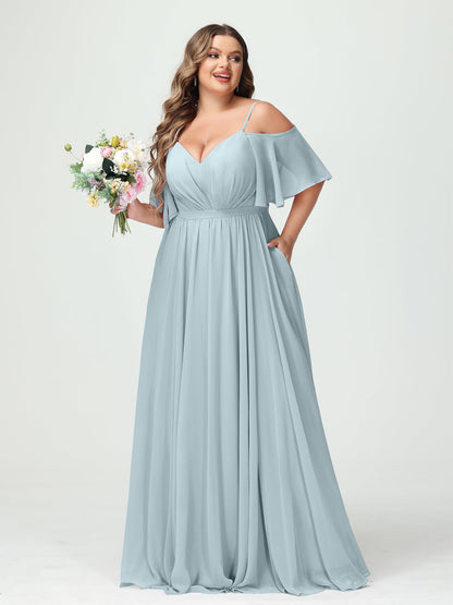 Forme Princesse Bretelles spaghetti Demi manches Mousseline Grande taille Robes de demoiselle d'honneur avec poches
