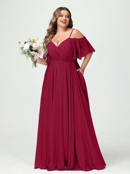 Forme Princesse Bretelles spaghetti Demi manches Mousseline Grande taille Robes de demoiselle d'honneur avec poches