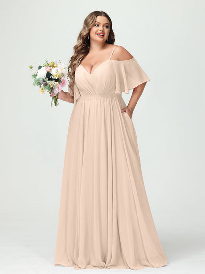 Forme Princesse Bretelles spaghetti Demi manches Mousseline Grande taille Robes de demoiselle d'honneur avec poches