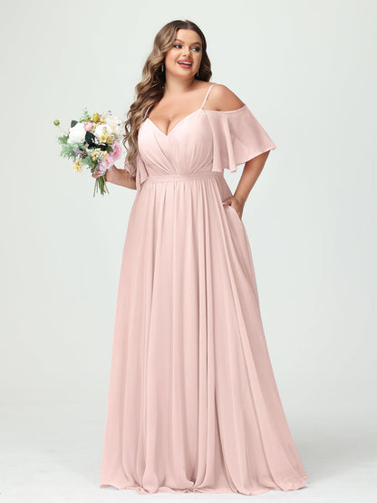 Forme Princesse Bretelles spaghetti Demi manches Mousseline Grande taille Robes de demoiselle d'honneur avec poches