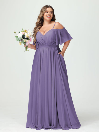 Forme Princesse Bretelles spaghetti Demi manches Mousseline Grande taille Robes de demoiselle d'honneur avec poches