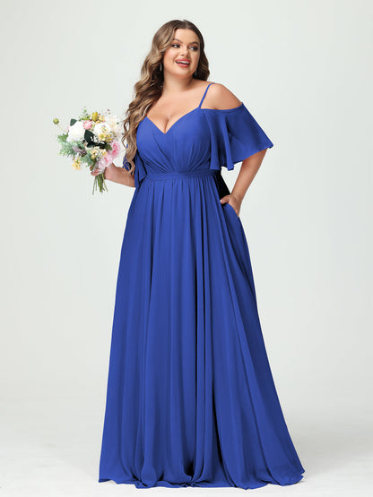 Forme Princesse Bretelles spaghetti Demi manches Mousseline Grande taille Robes de demoiselle d'honneur avec poches