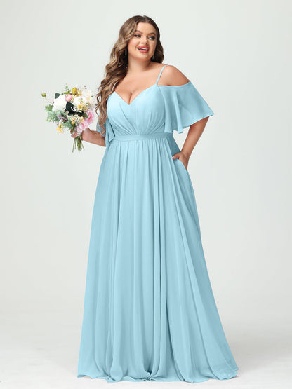 Forme Princesse Bretelles spaghetti Demi manches Mousseline Grande taille Robes de demoiselle d'honneur avec poches