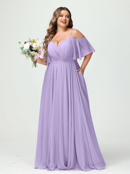 Forme Princesse Bretelles spaghetti Demi manches Mousseline Grande taille Robes de demoiselle d'honneur avec poches