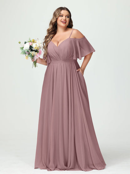 Forme Princesse Bretelles spaghetti Demi manches Mousseline Grande taille Robes de demoiselle d'honneur avec poches
