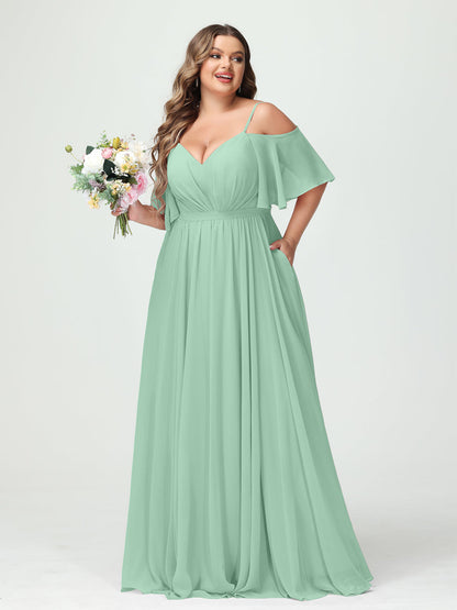 Forme Princesse Bretelles spaghetti Demi manches Mousseline Grande taille Robes de demoiselle d'honneur avec poches