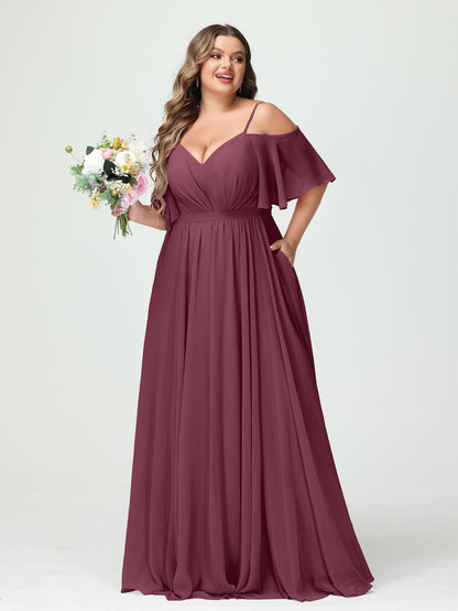 Forme Princesse Bretelles spaghetti Demi manches Mousseline Grande taille Robes de demoiselle d'honneur avec poches
