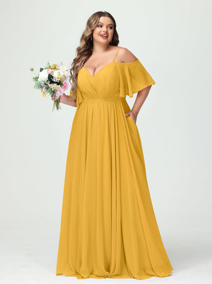Forme Princesse Bretelles spaghetti Demi manches Mousseline Grande taille Robes de demoiselle d'honneur avec poches
