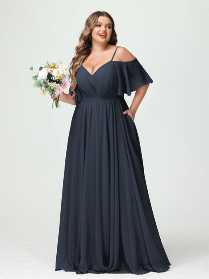 Forme Princesse Bretelles spaghetti Demi manches Mousseline Grande taille Robes de demoiselle d'honneur avec poches