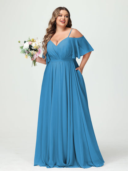 Forme Princesse Bretelles spaghetti Demi manches Mousseline Grande taille Robes de demoiselle d'honneur avec poches