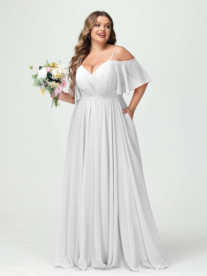 Forme Princesse Bretelles spaghetti Demi manches Mousseline Grande taille Robes de demoiselle d'honneur avec poches