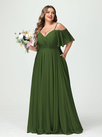 Forme Princesse Bretelles spaghetti Demi manches Mousseline Grande taille Robes de demoiselle d'honneur avec poches