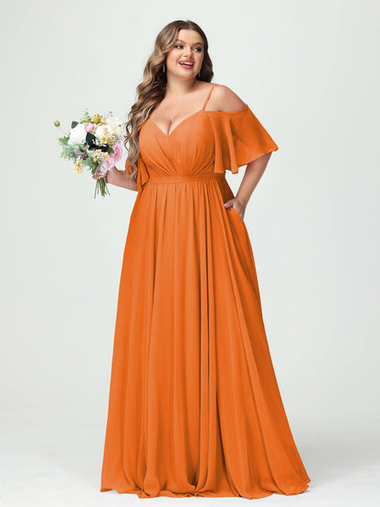Forme Princesse Bretelles spaghetti Demi manches Mousseline Grande taille Robes de demoiselle d'honneur avec poches