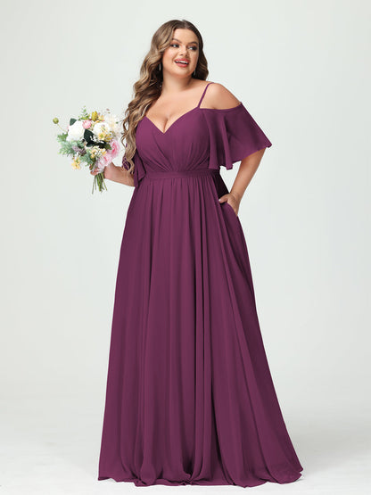 Forme Princesse Bretelles spaghetti Demi manches Mousseline Grande taille Robes de demoiselle d'honneur avec poches