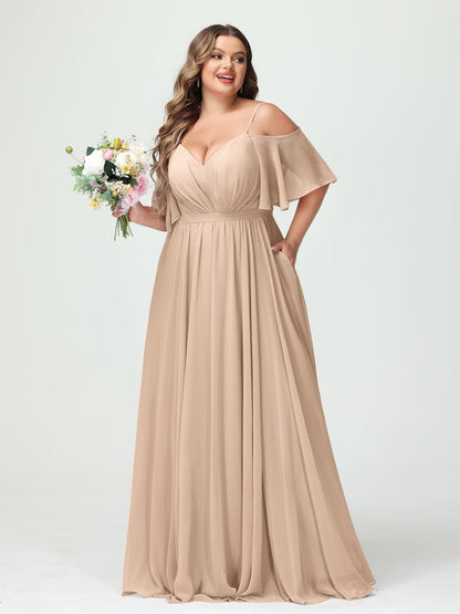 Forme Princesse Bretelles spaghetti Demi manches Mousseline Grande taille Robes de demoiselle d'honneur avec poches