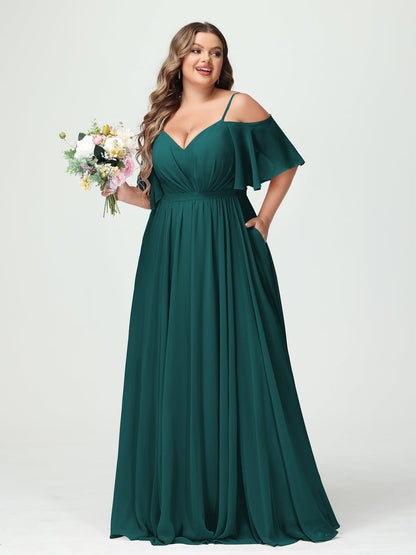 Forme Princesse Bretelles spaghetti Demi manches Mousseline Grande taille Robes de demoiselle d'honneur avec poches