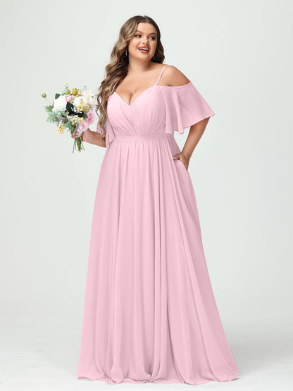 Forme Princesse Bretelles spaghetti Demi manches Mousseline Grande taille Robes de demoiselle d'honneur avec poches