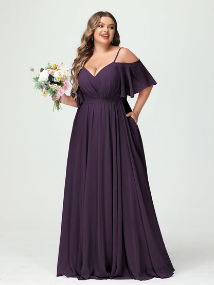 Forme Princesse Bretelles spaghetti Demi manches Mousseline Grande taille Robes de demoiselle d'honneur avec poches