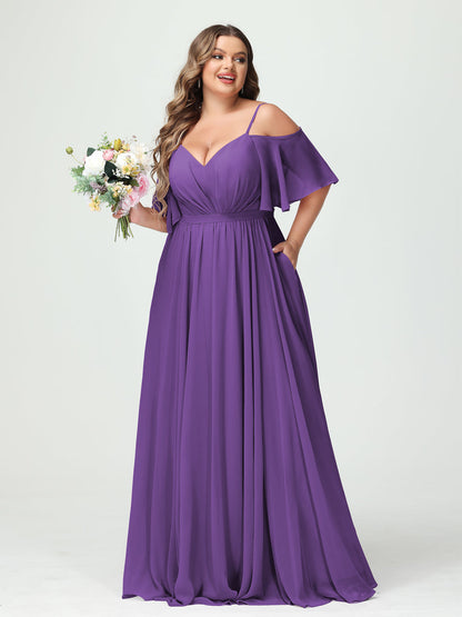 Forme Princesse Bretelles spaghetti Demi manches Mousseline Grande taille Robes de demoiselle d'honneur avec poches