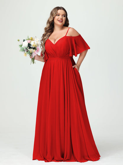 Forme Princesse Bretelles spaghetti Demi manches Mousseline Grande taille Robes de demoiselle d'honneur avec poches