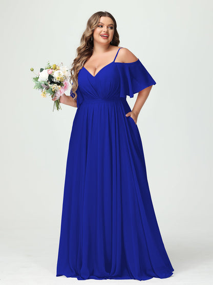 Forme Princesse Bretelles spaghetti Demi manches Mousseline Grande taille Robes de demoiselle d'honneur avec poches