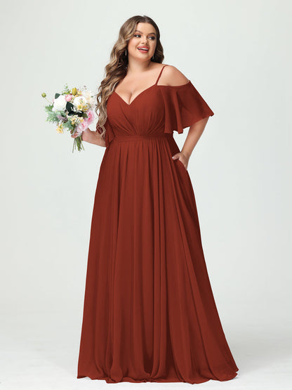 Forme Princesse Bretelles spaghetti Demi manches Mousseline Grande taille Robes de demoiselle d'honneur avec poches