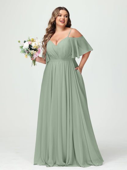 Forme Princesse Bretelles spaghetti Demi manches Mousseline Grande taille Robes de demoiselle d'honneur avec poches