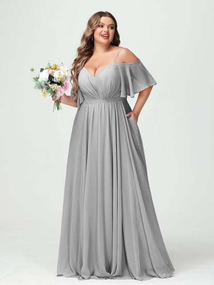 Forme Princesse Bretelles spaghetti Demi manches Mousseline Grande taille Robes de demoiselle d'honneur avec poches