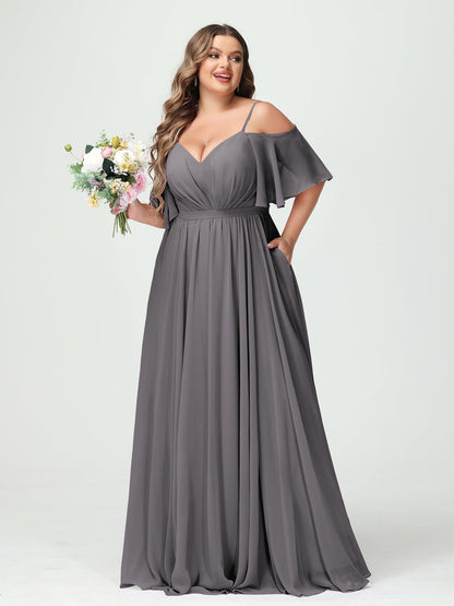 Forme Princesse Bretelles spaghetti Demi manches Mousseline Grande taille Robes de demoiselle d'honneur avec poches