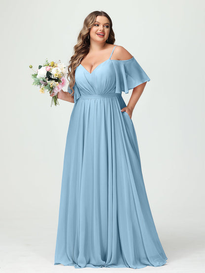 Forme Princesse Bretelles spaghetti Demi manches Mousseline Grande taille Robes de demoiselle d'honneur avec poches
