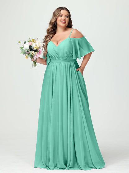 Forme Princesse Bretelles spaghetti Demi manches Mousseline Grande taille Robes de demoiselle d'honneur avec poches