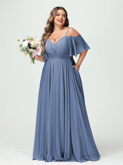 Forme Princesse Bretelles spaghetti Demi manches Mousseline Grande taille Robes de demoiselle d'honneur avec poches