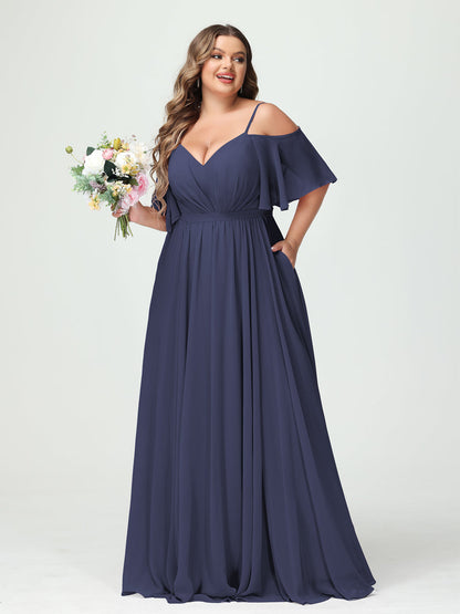 Forme Princesse Bretelles spaghetti Demi manches Mousseline Grande taille Robes de demoiselle d'honneur avec poches