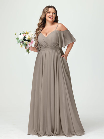 Forme Princesse Bretelles spaghetti Demi manches Mousseline Grande taille Robes de demoiselle d'honneur avec poches