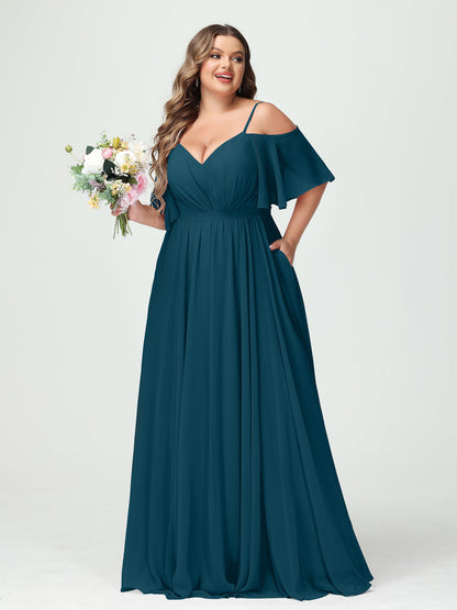 Forme Princesse Bretelles spaghetti Demi manches Mousseline Grande taille Robes de demoiselle d'honneur avec poches