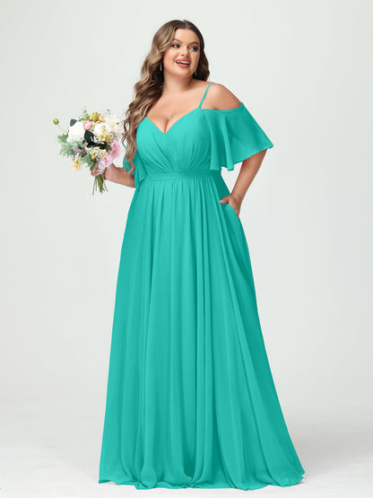 Forme Princesse Bretelles spaghetti Demi manches Mousseline Grande taille Robes de demoiselle d'honneur avec poches