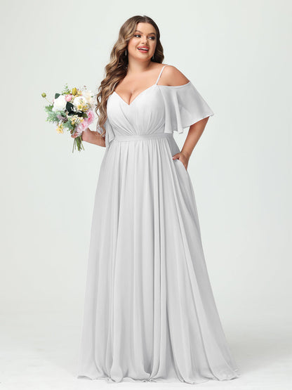 Forme Princesse Bretelles spaghetti Demi manches Mousseline Grande taille Robes de demoiselle d'honneur avec poches