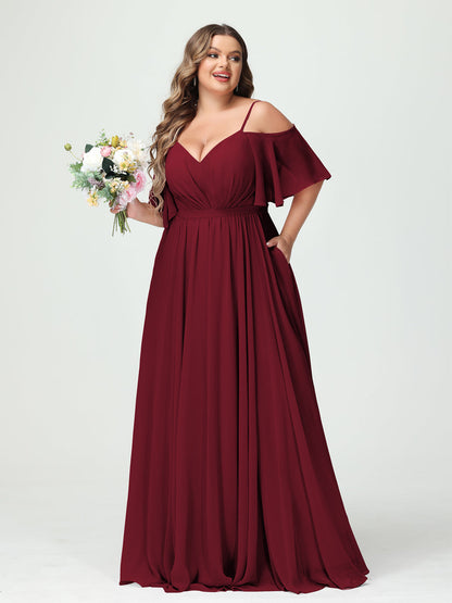 Forme Princesse Bretelles spaghetti Demi manches Mousseline Grande taille Robes de demoiselle d'honneur avec poches