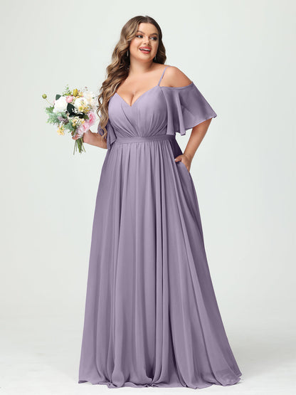 Forme Princesse Bretelles spaghetti Demi manches Mousseline Grande taille Robes de demoiselle d'honneur avec poches