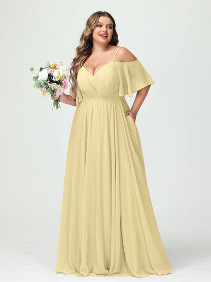 Forme Princesse Bretelles spaghetti Demi manches Mousseline Grande taille Robes de demoiselle d'honneur avec poches
