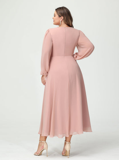 Forme Princesse Col V Manches Longues Mousseline de soie Longueur Thé Volants Grande taille Robes de demoiselle d'honneur avec Poches
