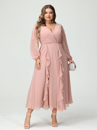 Forme Princesse Col V Manches Longues Mousseline de soie Longueur Thé Volants Grande taille Robes de demoiselle d'honneur avec Poches