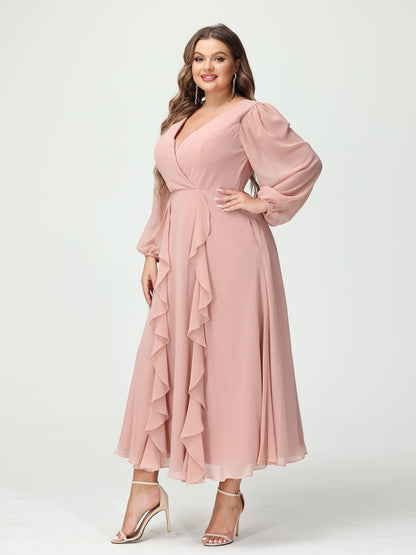 Forme Princesse Col V Manches Longues Mousseline de soie Longueur Thé Volants Grande taille Robes de demoiselle d'honneur avec Poches
