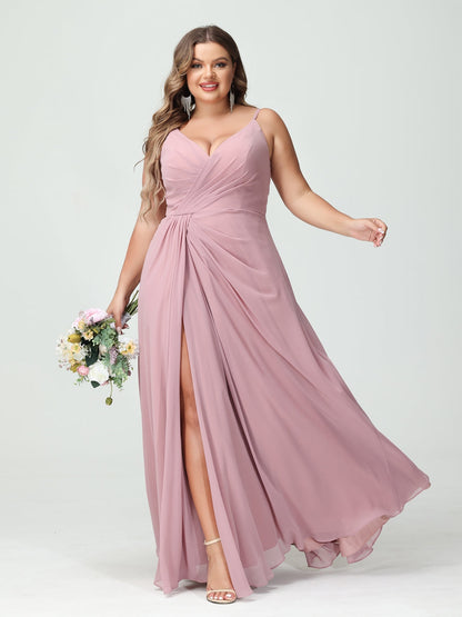 Forme Princesse Bretelles spaghetti Sans Manches Mousseline de soie Fendue sur le côté Grande taille Robes de demoiselle d'honneur avec Poches