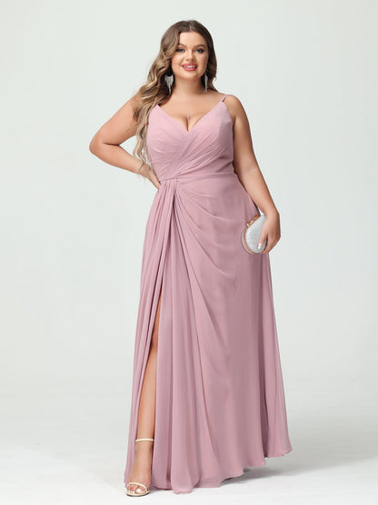 Forme Princesse Bretelles spaghetti Sans Manches Mousseline de soie Fendue sur le côté Grande taille Robes de demoiselle d'honneur avec Poches