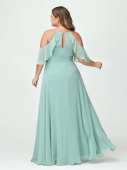 Forme Princesse Bretelles spaghetti Manches courtes Mousseline de soie Ruché Fendu sur le côté Grande taille Robes de demoiselle d'honneur avec poches