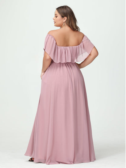 Forme Princesse Hors-la-épaule Manches courtes Mousseline de soie Fendue sur le côté Grande taille Robes de demoiselle d'honneur avec poches